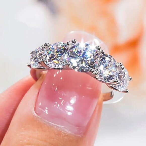 NWT Engagement Ring Sz.7 18K Over 925 Silver Five-Stone Trellis Setting - Picture 8 of 15